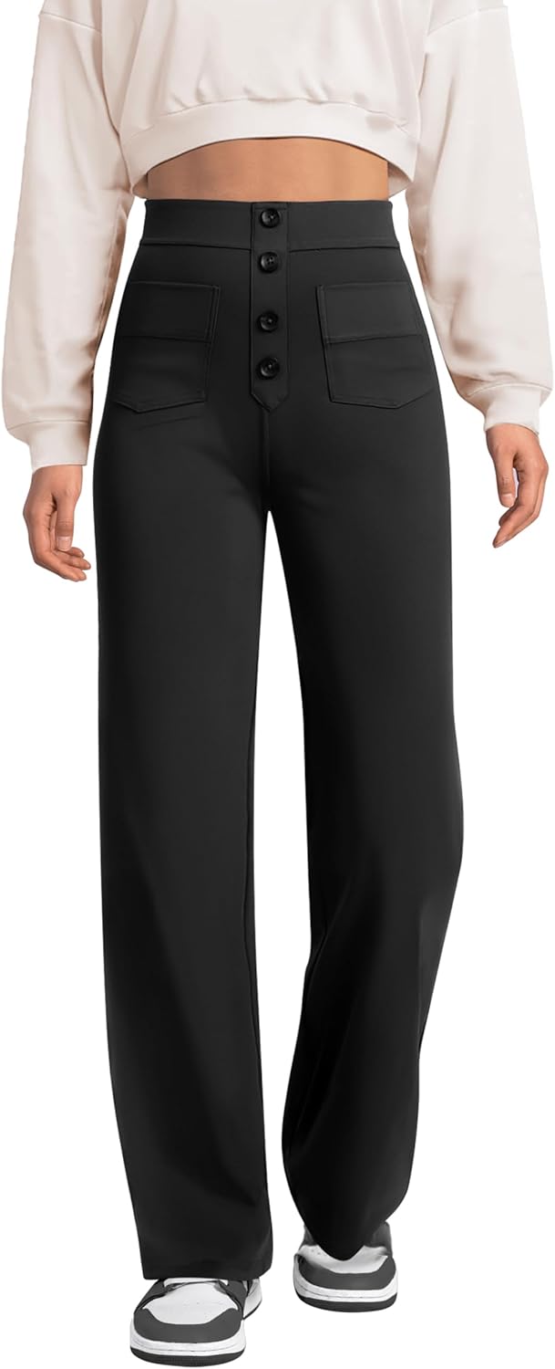 keriffe Women's Straight Leg Pants High Waisted Button Stretchy Business Work Casual Trousers Multiple Pockets