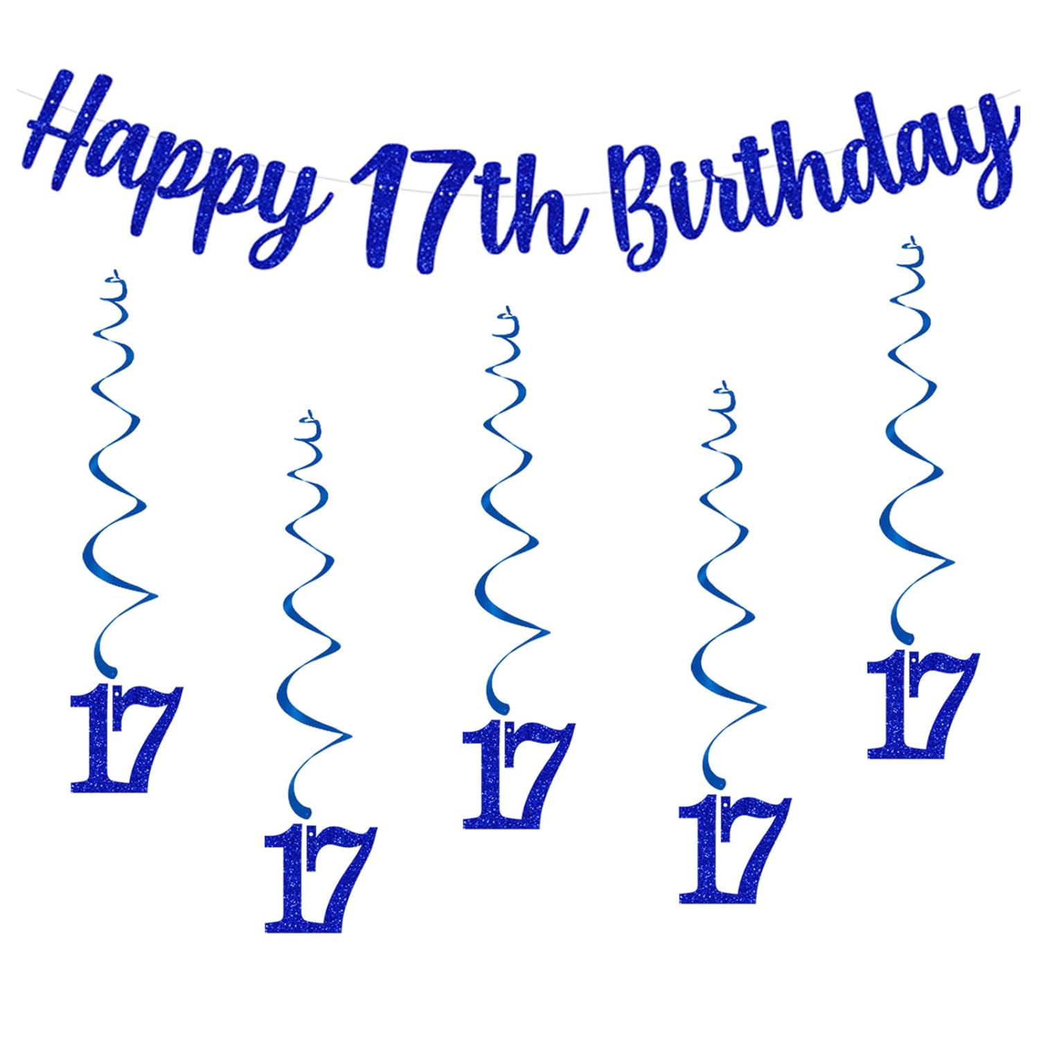 Bng-Bng 17th Birthday Party Decorations - Blue Happy 17 Banner, Bunting, Swirls Streamers for Boys' 17th Anniversary Party Decor Supplies