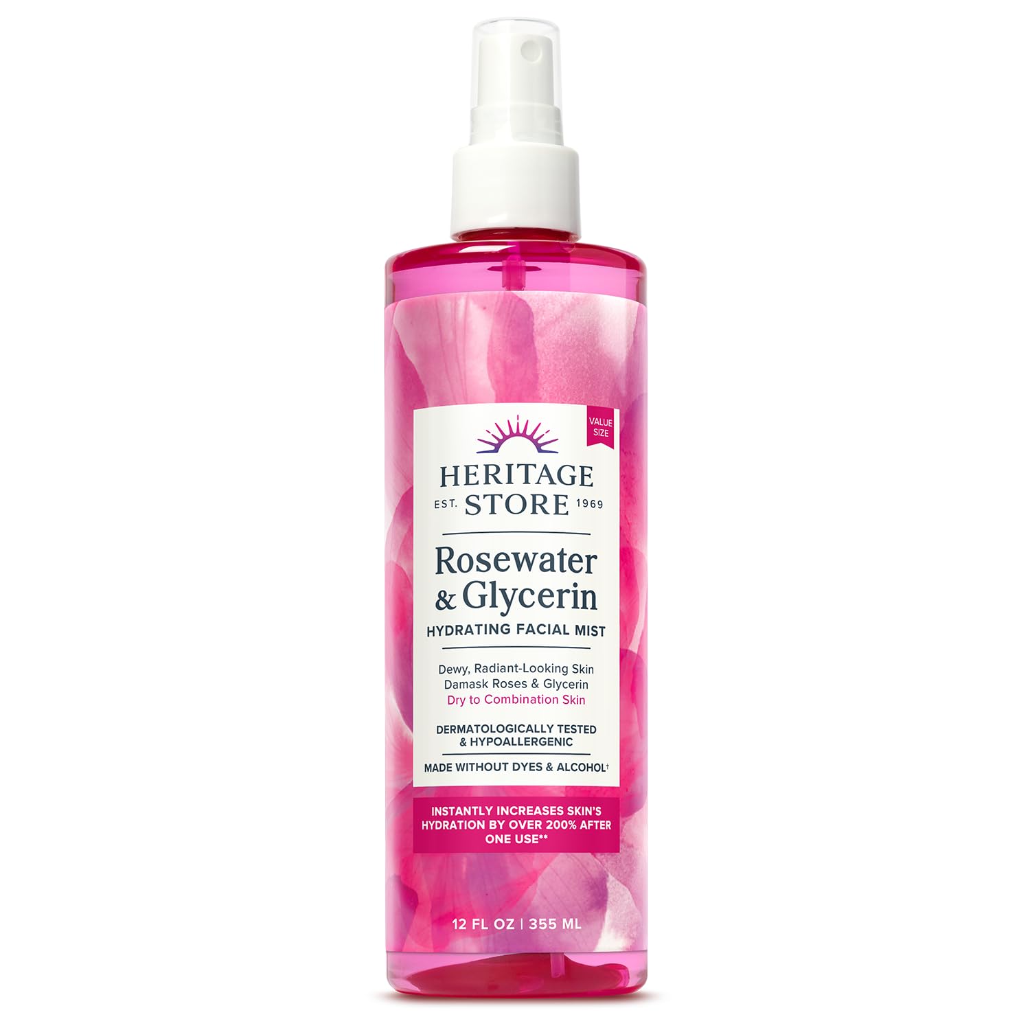 HERITAGE STORE Rosewater & Glycerin Hydrating Facial Mist - Dry Combination Skin Care - Rose Water Spray w/Vegetable Glycerine, Made Without Dyes or Alcohol, Hypoallergenic, Vegan, Cruelty Free, 12oz