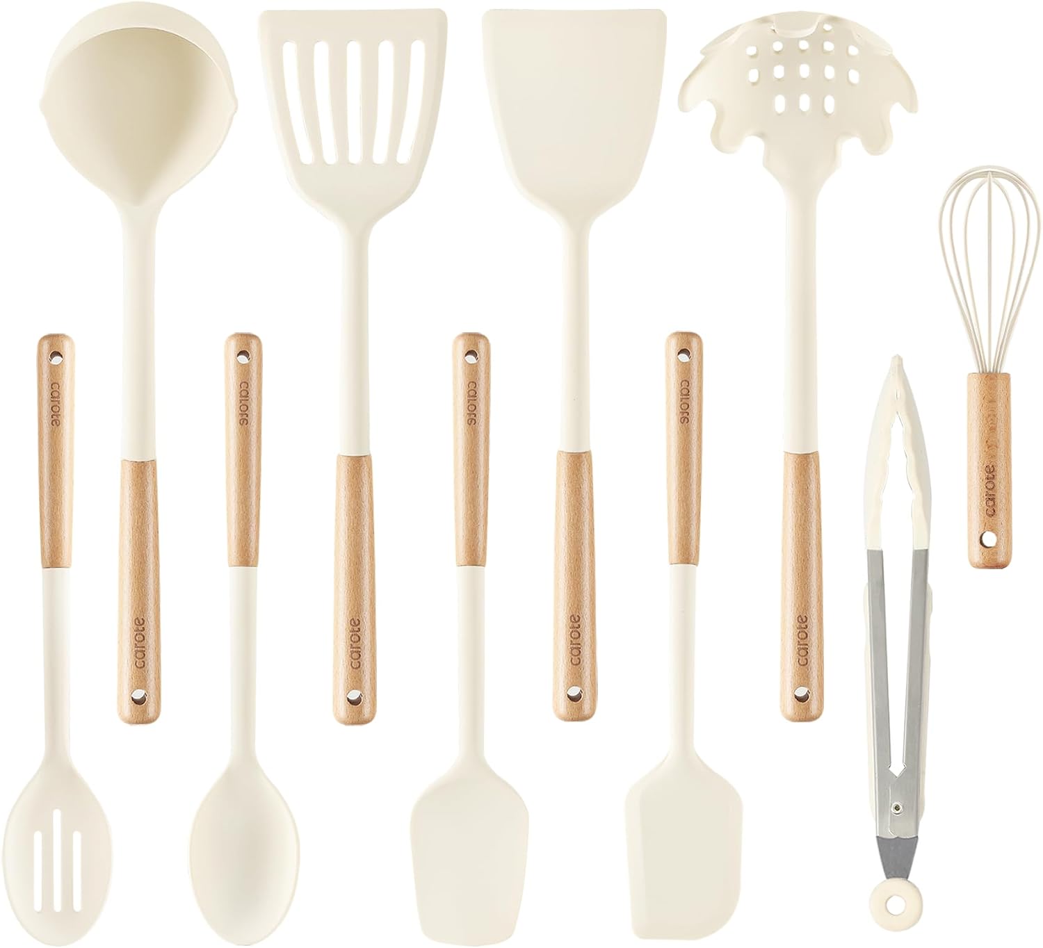 CAROTE 10PCS Kitchen Utensils Set, Silicone Cooking Utensils Set with Wooden Handle for Nonstick Cookware Set, Larger, White