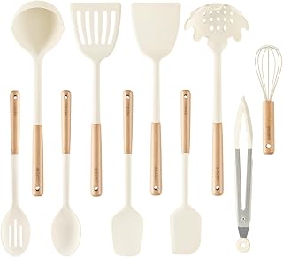 CAROTE 10PCS Kitchen Utensils Set, Silicone Cooking Utensils Set with Wooden Handle for Nonstick Cookware Set, Larger, White