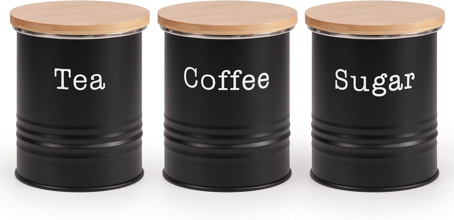 EHC Tea Sugar Coffee Canisters, Set of 3 Tea Sugar Coffee Containers Set, Storage Jars With lids Airtight, Black