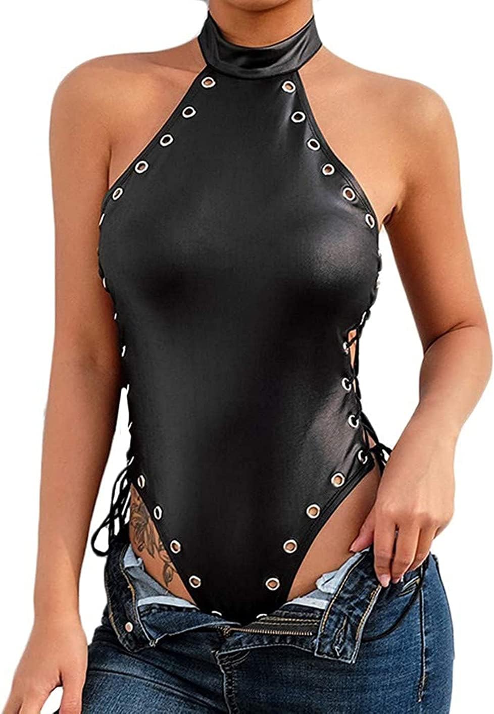 Women's Sexy Lingerie Leather Sleepwear Cosplay Dress Bodysuit Gift for Girlfriend, Clubwear