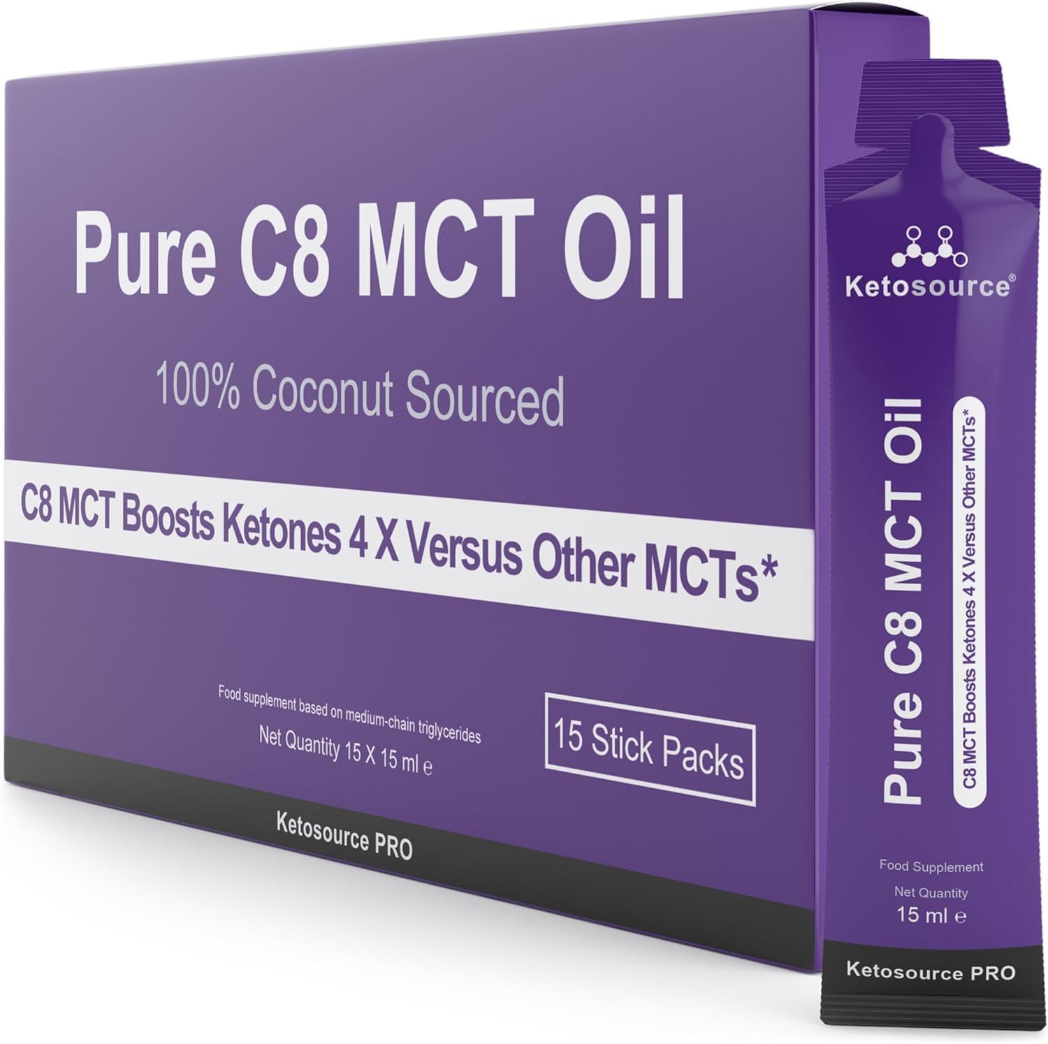 Pure C8 MCT Oil Sachets - Boosts Ketones 4X Versus Other MCTs - Highest 99%+ Purity - 100% Coconut Sourced - Lab Tested Purity - Box of 15 X 15 ml MCT Oil Travel Sachets - Ketosource