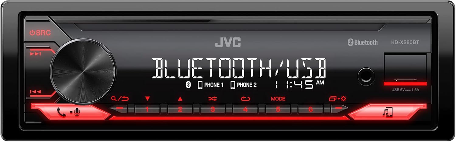 JVC KD-X280BT Bluetooth Car Stereo w/USB Port – AM/FM Radio, MP3 Player, High Contrast LCD, 50 Watts, Detachable Face Plate – Single DIN – 13-Band EQ