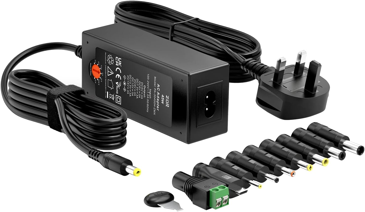 Zolt 45W Universal Power Adapter AC DC 5V 6V 7.5V 9V 12V 13.5V 15V Power Supply Transformer Adaptor for Household Electronics, 3A Max.