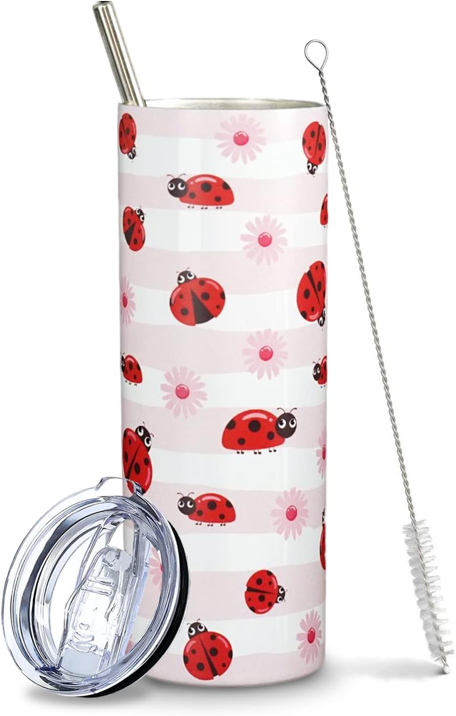 Ladybug Gifts for Women Girls, Cute Ladybugs Daisy Floral Tumbler Cup Coffee Travel Mug, Lady Bug Pink Metal Thermal Insulated Tumblers 20 Oz, Ladybug Decor Accessories Stuff, Kawaii Gifts