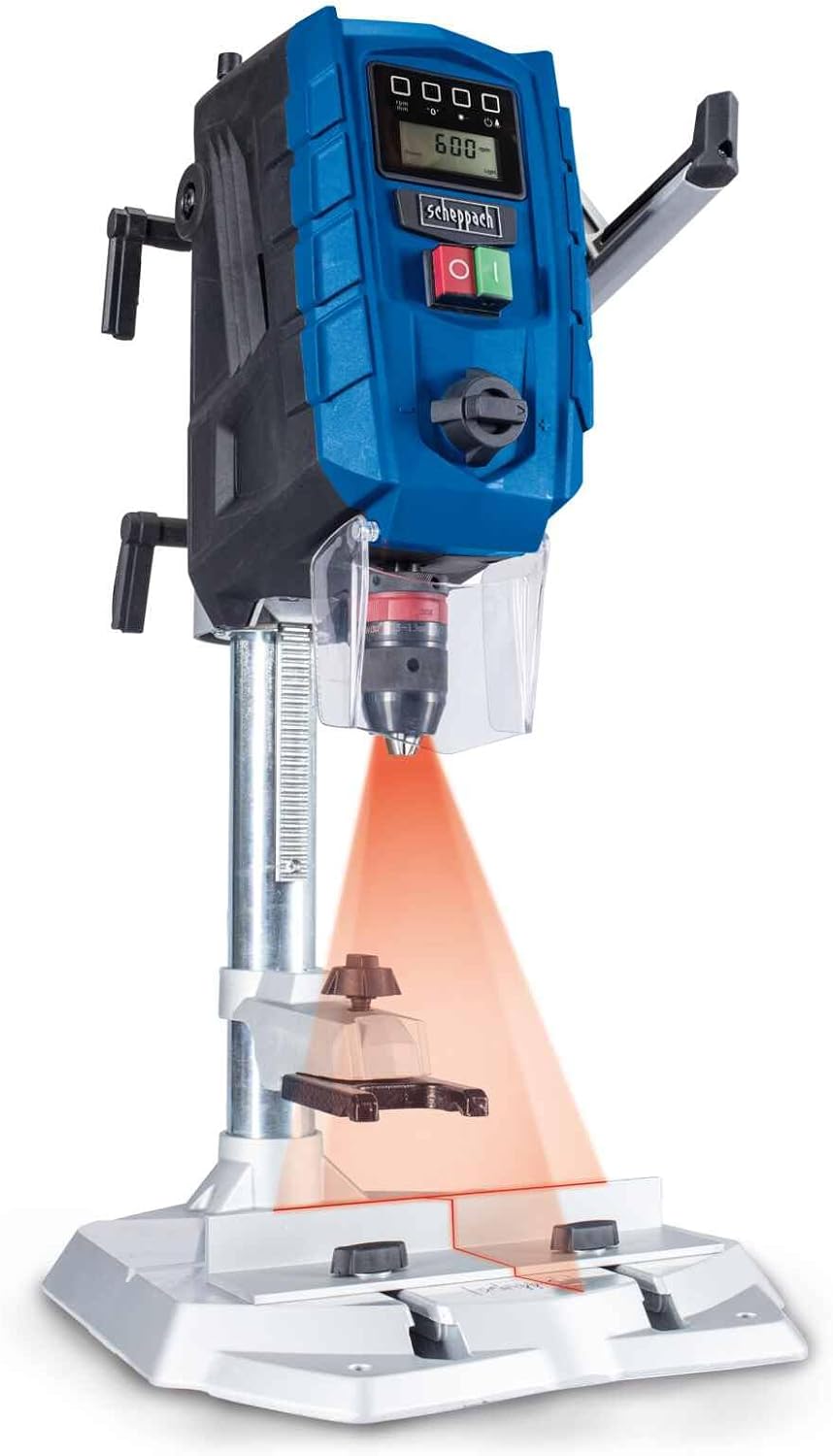 Scheppach DP60 Bench Pillar Drill, 710W 2-Speed Variable Speed Drill Press with Digital Display, Laser, LED Work Light, 13mm Keyless Chuck, 100mm Stroke, Quick Clamp for Wood, Metal and Plastic