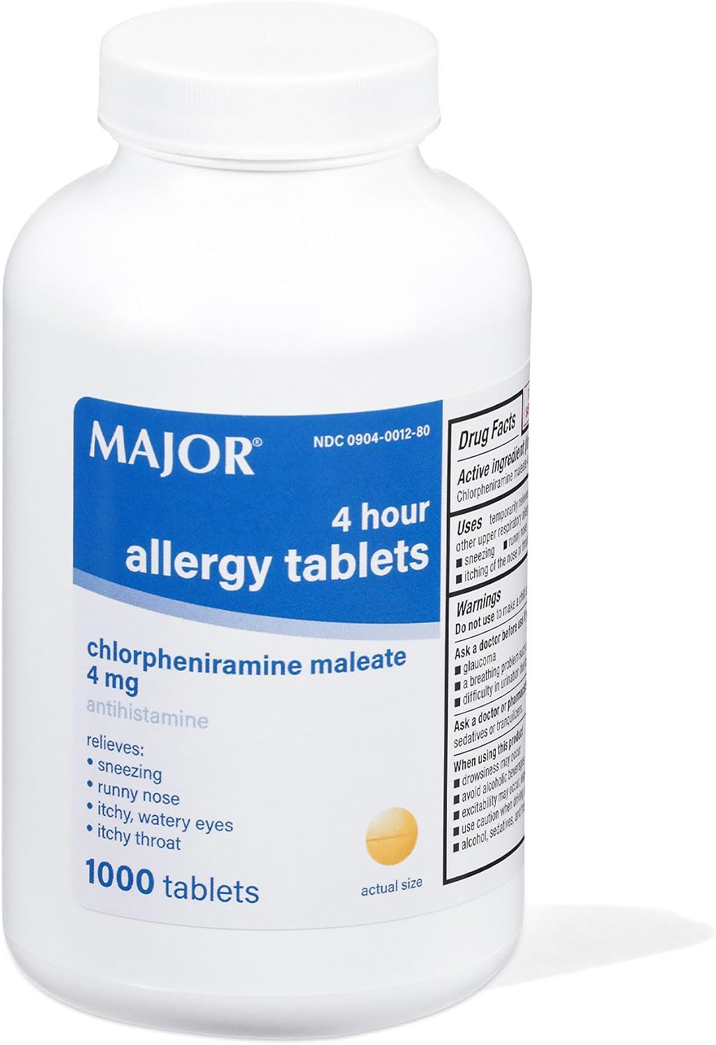 MAJOR 4 Hour Allergy Tablets - Chlorpheniramine Maleate - 4 mg - Antihistamine - 1000 Count (1 Pack)
