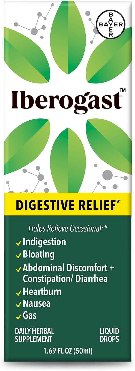 Iberogast Liquid Drops, Herbal Relief of Stomach Upsets: Occasional Indigestion, Bloating, Gas, Nausea, Upset Stomach; Gluten Free; 6-Herb Blend with Iberis Amara, Peppermint, Licorice; 50mL