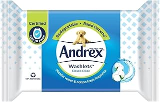 Andrex Classic Clean Washlets - Toilet Tissue Wet Wipes with Micellar Water - Flushable Washlets for a Shower Fresh Clean - Biodegradable and Plastic-Free - 4 Quad Pack (160 Wipes)