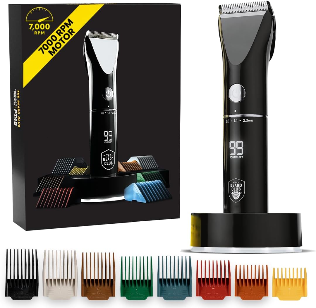 The Beard Club Beard Trimmer for Men - Electric Cordless Rechargeable Beard & Hair Trimmer - High Power 7000 RPM - 8 Color Guides 45 Unique Trim Lengths - Travel Lock