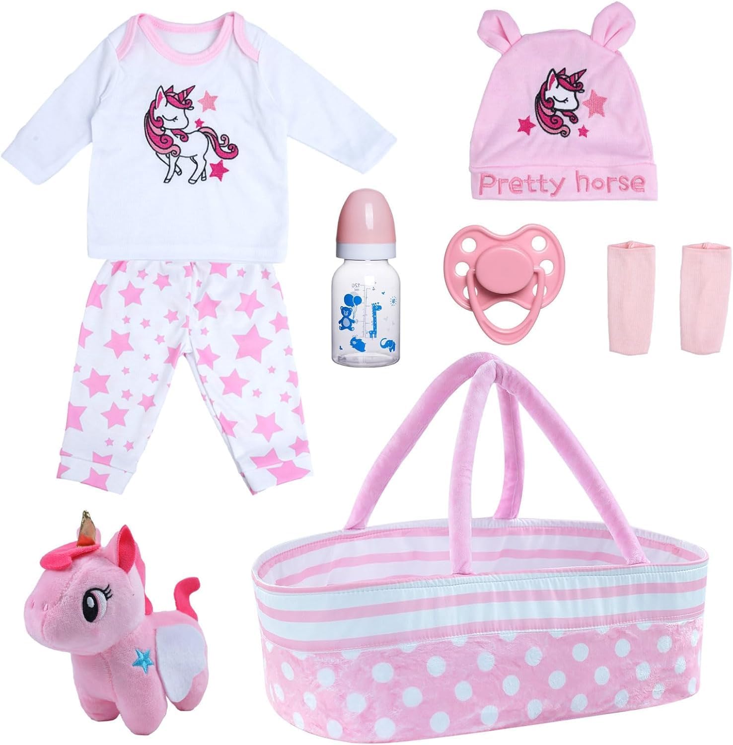 BABESIDE 8Pcs Reborn Baby Dolls Clothes 20 Inches Girl Outfits Accessories for 17-22 Inches Baby Dolls with Bassinet, Feeding Bottle and Dummy, Cute Realistic Baby Doll Clothing Set (Pink)