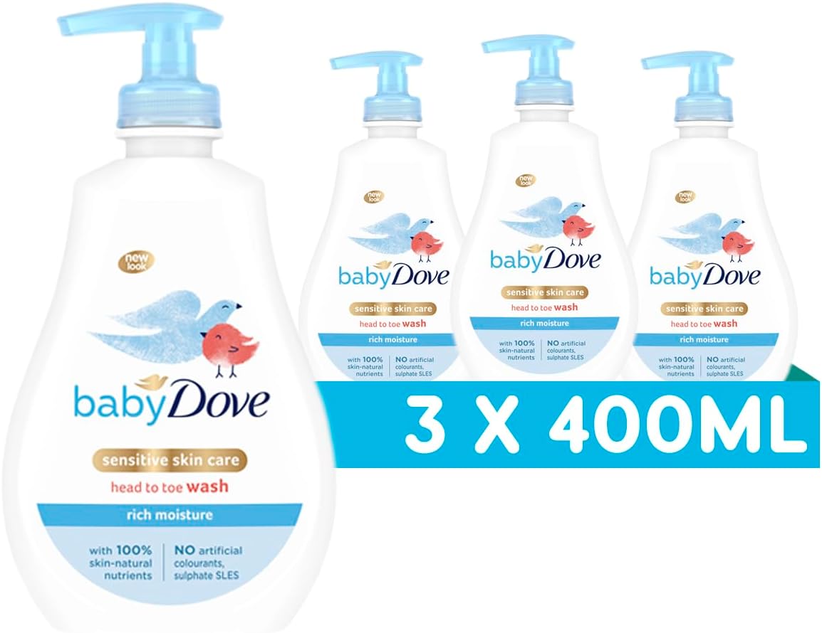 Baby Dove Rich Moisture Head to Toe Wash - Gentle & Nourishing Hair and Body Wash for Babies, Tear-Free Formula, Delicate Fragrance, Keeps Hair and Skin Soft, Ideal for Newborns - 400ml, Pack of 3