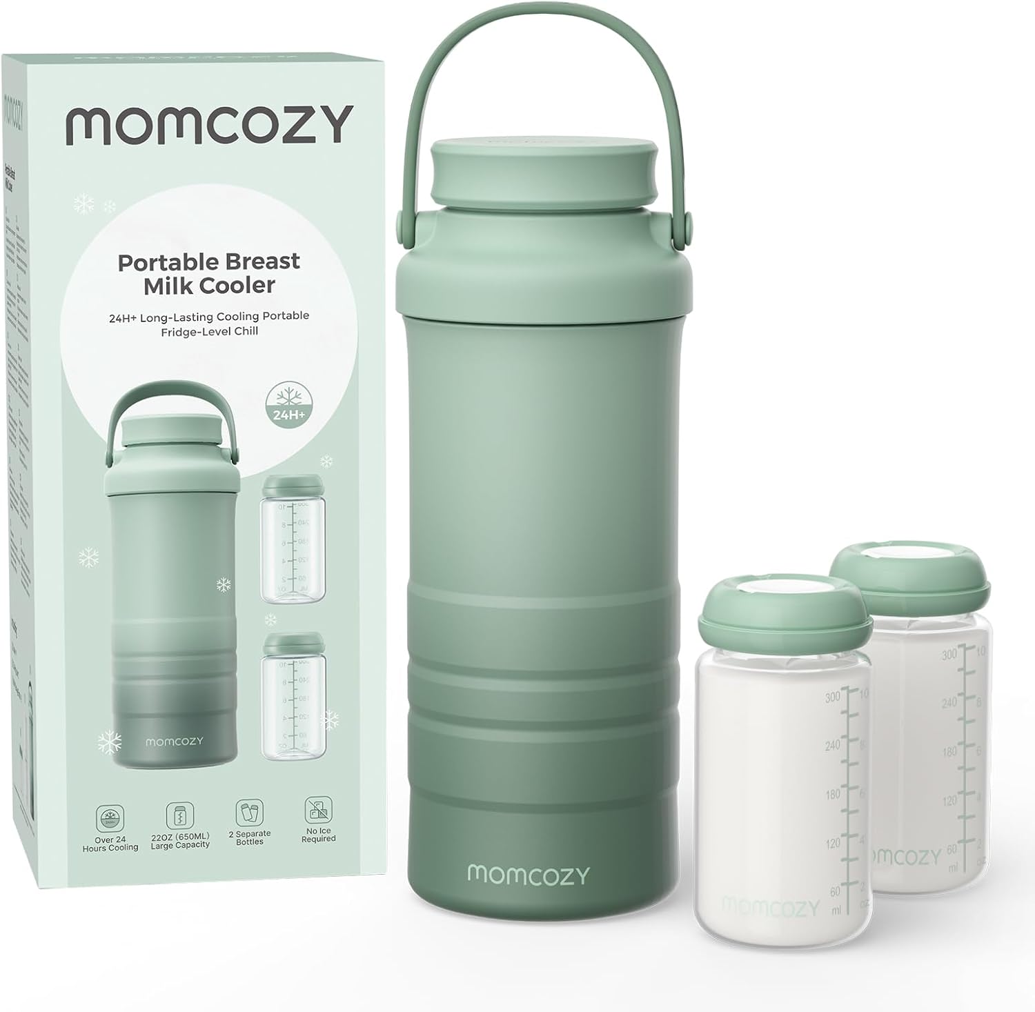Momcozy 22oz Portable Breast Milk Cooler for Outdoor, Life Saver with 360ยฐ Total Cooling for 24 Hours, Larger Capacity Travel Breastmilk Chiller with 2pcs Baby Bottles for Breastmilk Storage