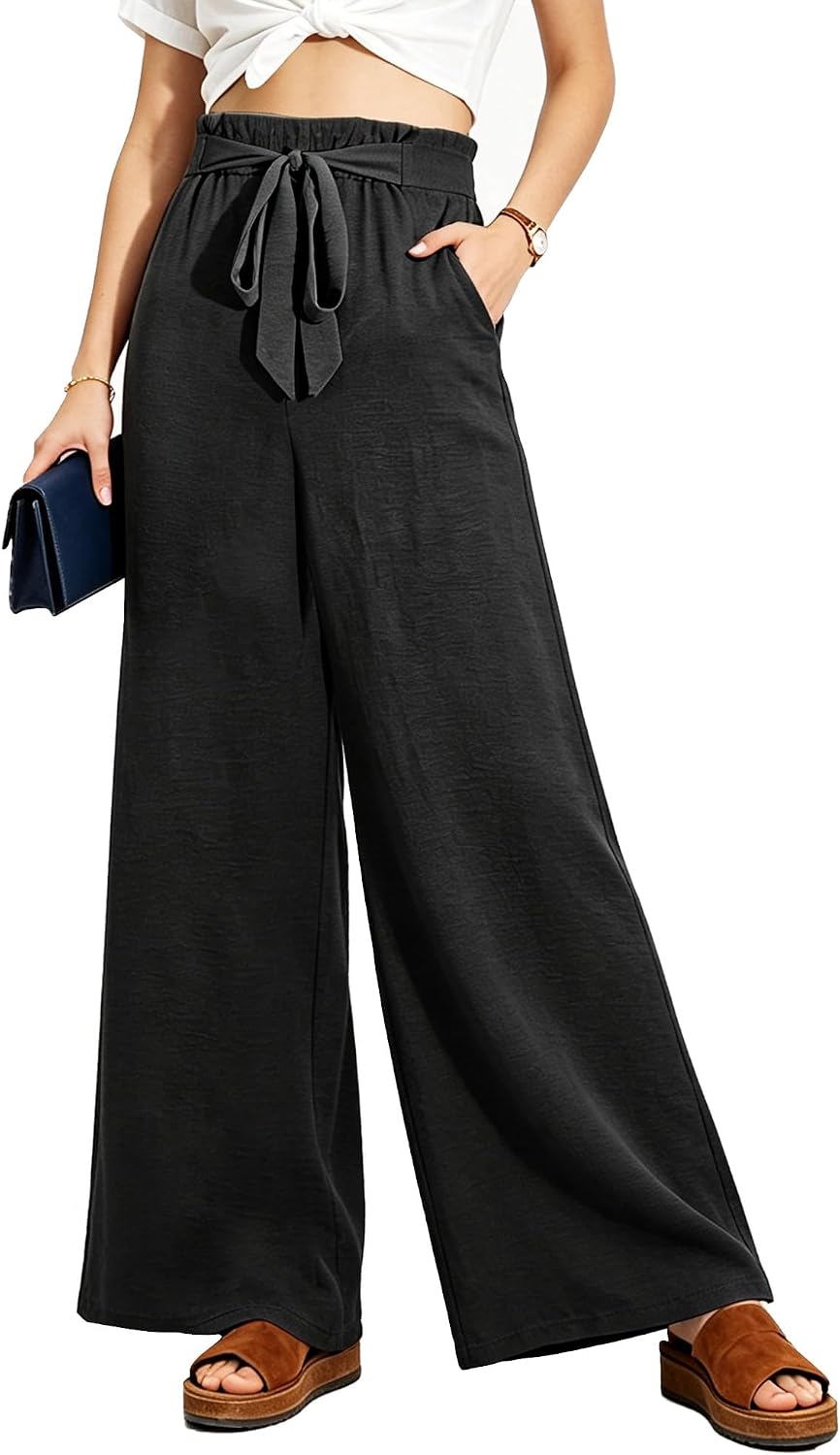 Womens Cropped Casual Pants Wide Leg Palazzo Pants Elastic Waisted Flowy Trousers with Pockets