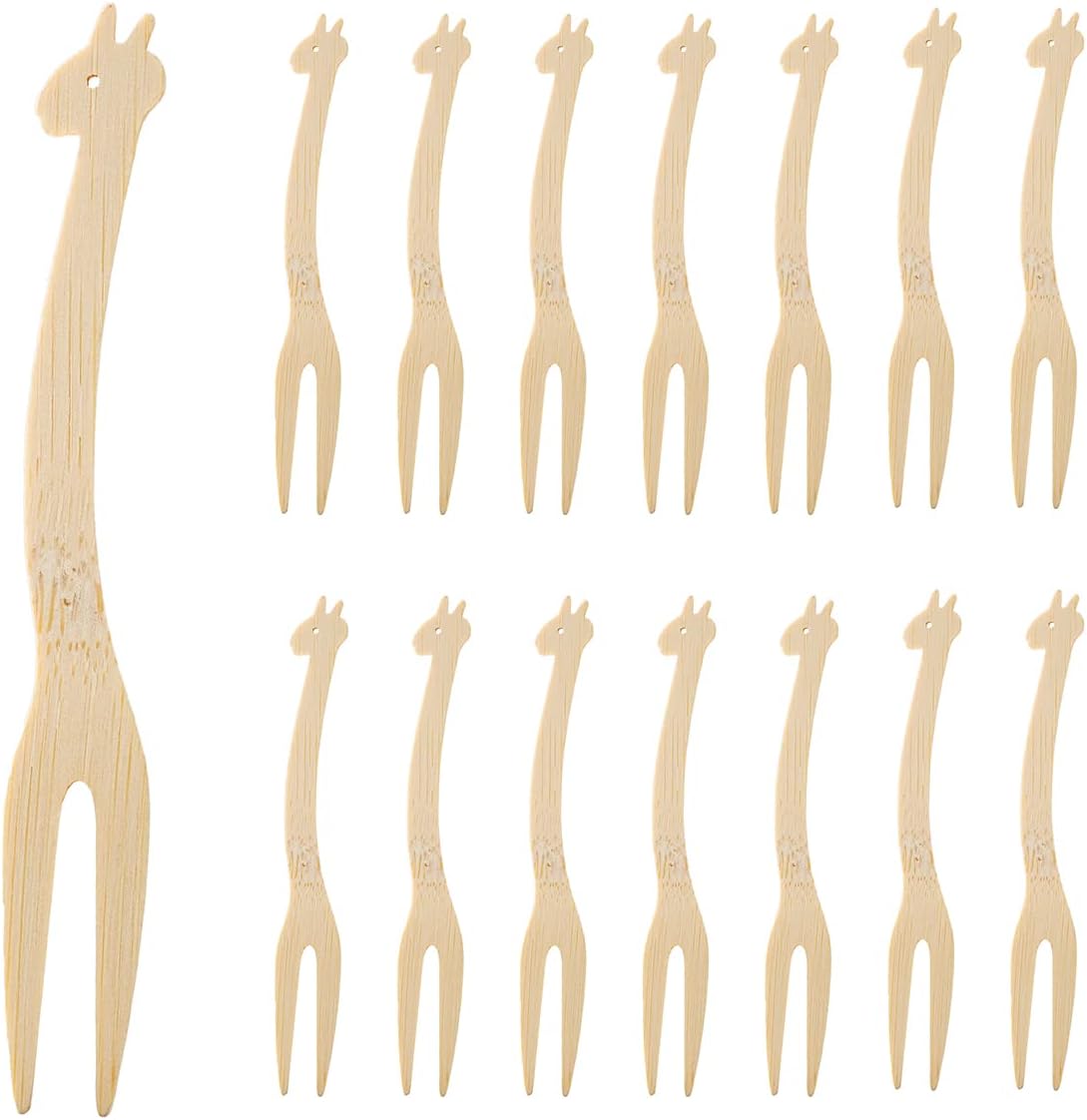 Cute Food Forks for Baby Shower Children Birthday Party, Kids Bamboo Disposable Forks, Cocktail Picks Fruit and Appetizer Picks Party Supplies 100 Counts, 3.5"(Giraffe）