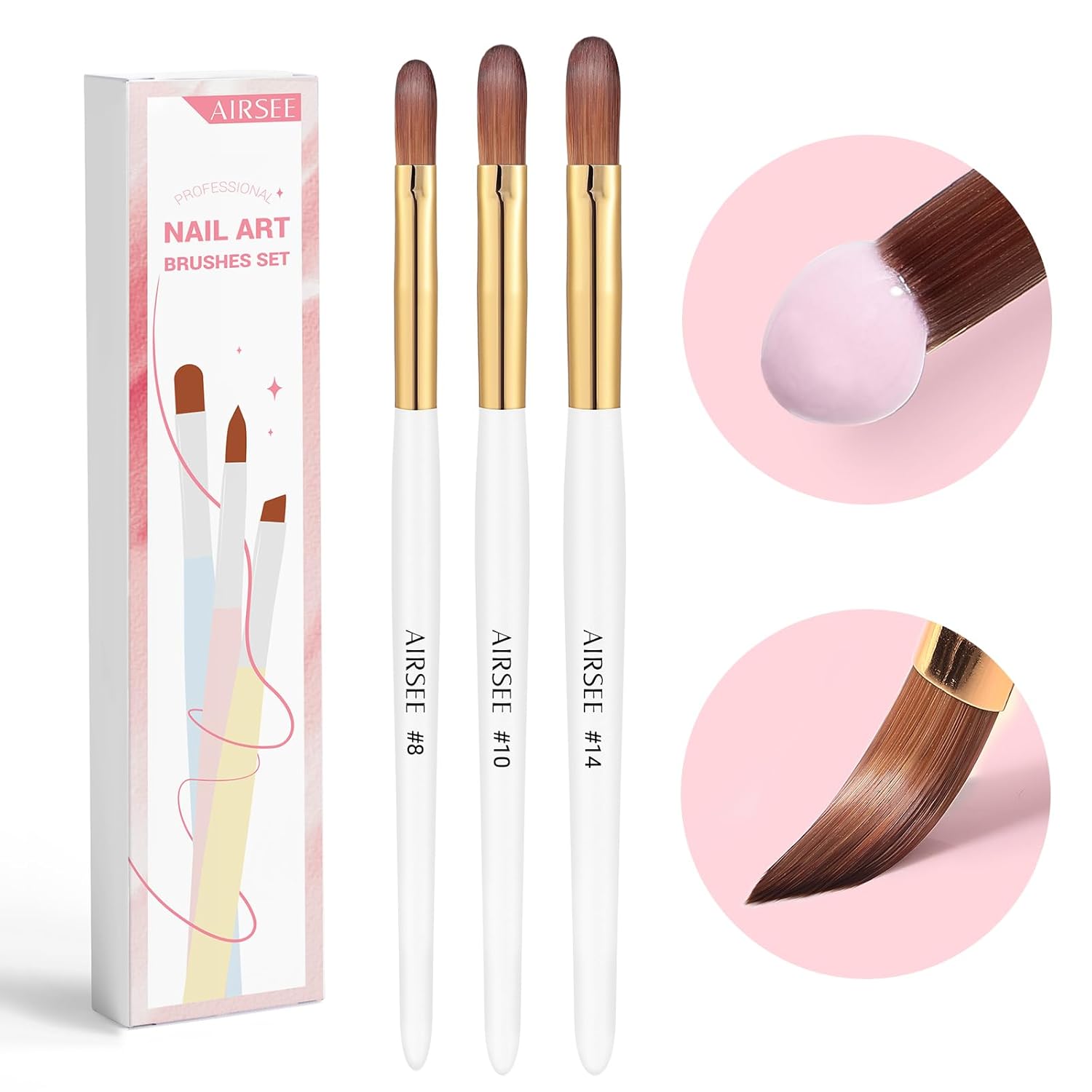 AIRSEE 3PCS Acrylic Nail Brush Set, Size 8/10/14 for Beginner & Professional Use for Acrylic Powder, Nail Art Extension & 3D Carving, 3A+ Nylon, DIY Salon Home, White