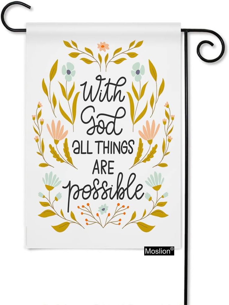 With God All Things Are Possible Garden Flag Vertical Double Sided Flower Leaf Jesus Inspirational Quote House Flags Home Burlap Banners 12.5x18 Inch for Outdoor Decor Lawn Orange