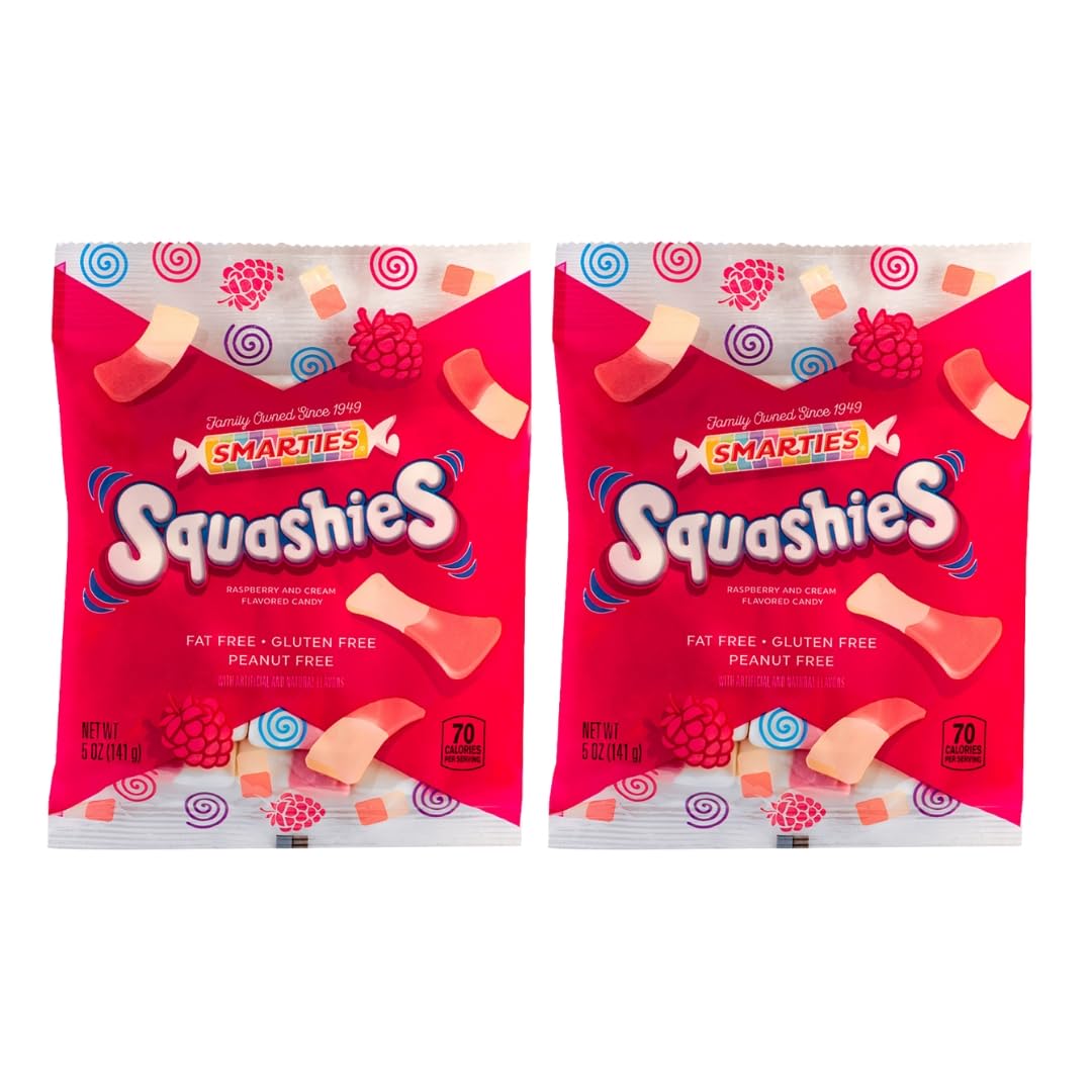 Smarties Squashies Foam Marshmallows Gummy Candies - Raspberry & Cream Flavored - Allergen Free, Peanut Free & Gluten Free Candy - Soft & Chewy Squashies Candies - 5 oz Bag (Pack of 2)