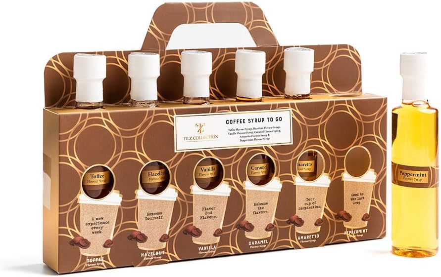 Tilz, Coffee Syrup - 6x 75ml Coffee Syrup Gift Set, Cocktail Gift Sets |Vanilla, Caramel, Toffee, Hazelnut, Amaretto, Peppermint |Latte, Cappuccino, Hot Chocolate |Christmas Food Gifts For Men, Women