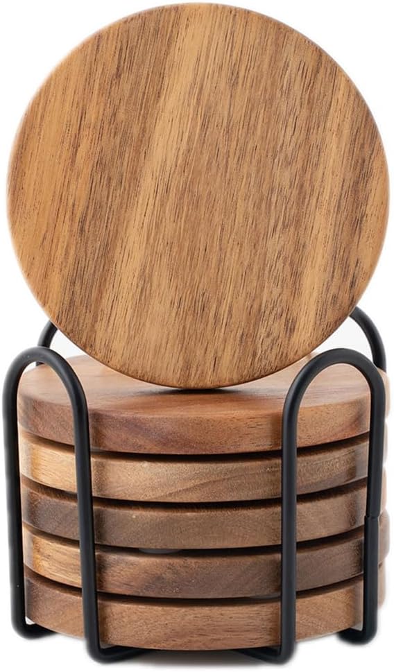 WLWNWFT Wood Coasters for Drinks Tabletop Protection with Holder Set of 6, Acacia Wooden Coaster for Coffee Table Dining Table Round with Non-Slip Pad Cup Coaster for Home Christmas Decor 4 Inch
