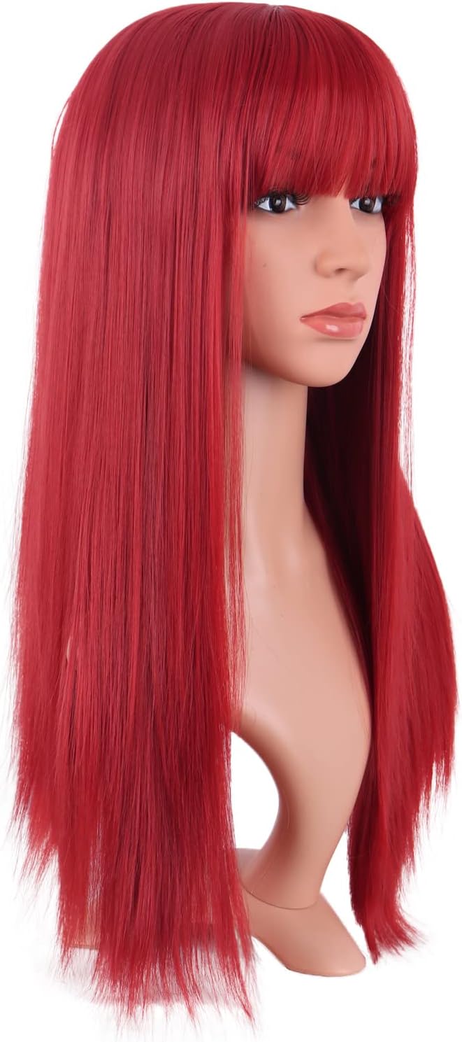 MapofBeauty 24 Inch/60 cm Women Long Straight with Flat Bangs Synthetic Hair Heat Resistant Fiber Hair for Party Cosplay Wig (Red)