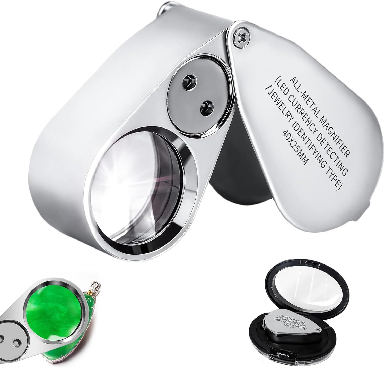 40X Jeweler Loupe, LED Magnifying Glass, Pocket Magnifier with UV Light, Foldable Metal Magnifying Glass for Jewelry Coins Stamps Watches Gems, Compact Illuminated Eye Loupe with Storage Case, Slivery