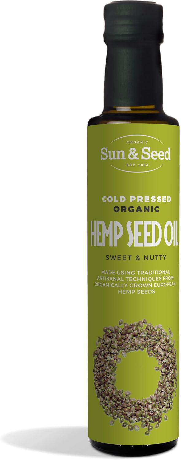 Organic Hemp Seed Oil (Cold Pressed) by Sun & Seed - 250ml - Made from 100% Organic Hemp Seeds - Great Source of Omega-3 & 6 - Vegan Friendly - Pure & Refined