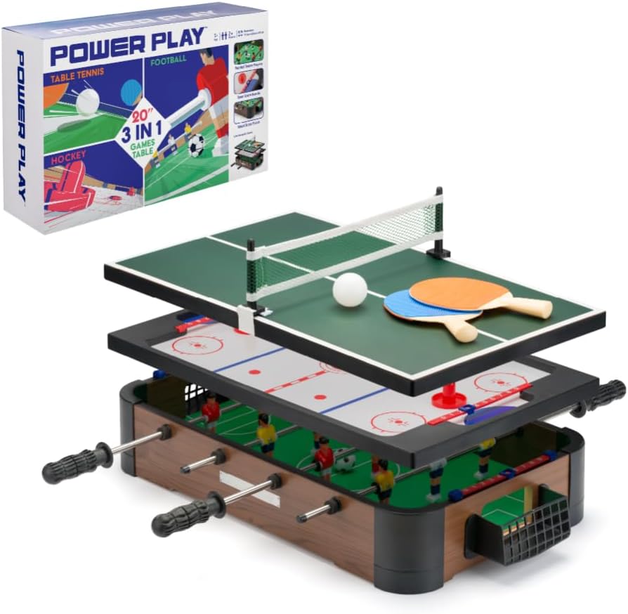 Powerplay 3 in 1 Table Top Games, Multi Game Table Set, Mini Football, Hockey and Table Tennis, One Size