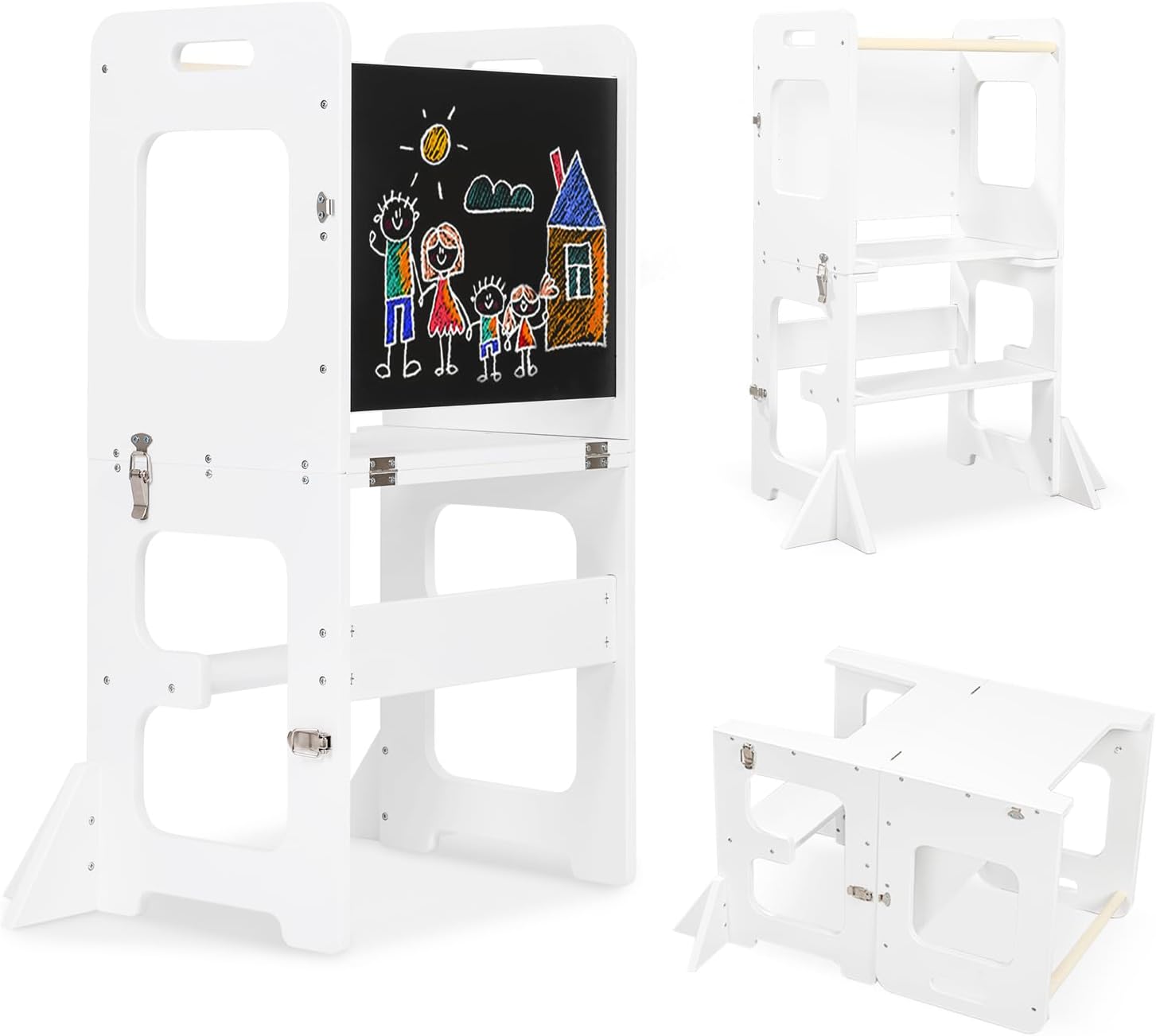 Toddler Standing Tower, Learning Standing Tower, 4-in-1 Kitchen Wooden Stool Helper with Chalkboard, Montessori and Waldorf Helper for Kids in Kitchen, Bamboo Step Stool with Desk Table, and Chair