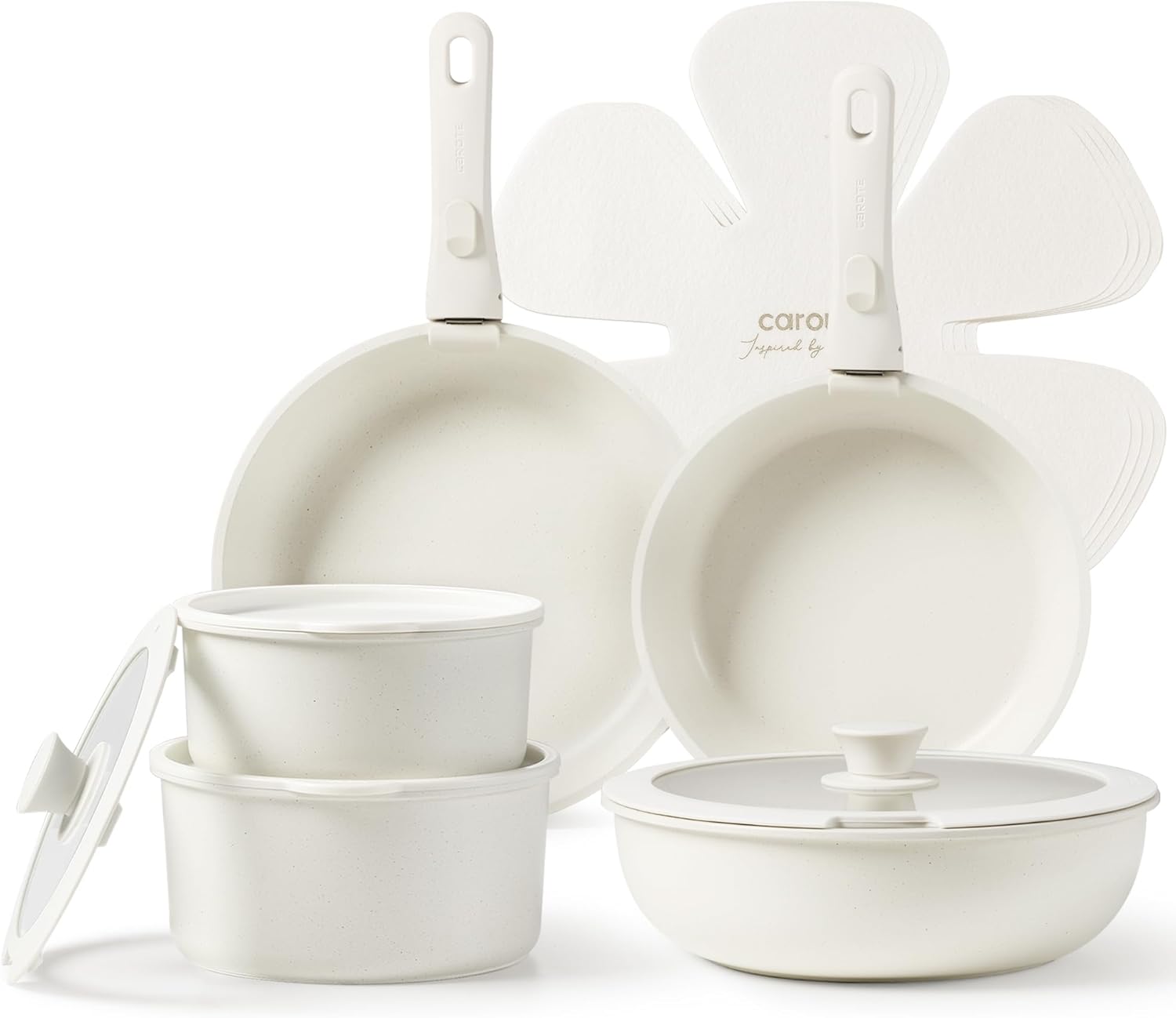 CAROTE 15-Piece White Non-Toxic Cookware Set with Removable Handles - Induction Compatible Pots and Pans Set, Stackable Space Saving Kitchen Cookware for Camping, RV, Small Kitchen