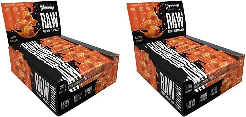 Warrior Raw Protein Flapjacks – 12 Bars x 75g Each – Packed with 20g of Protein – Low Sugar, High in Fibre (Salted Caramel) (Pack of 2)