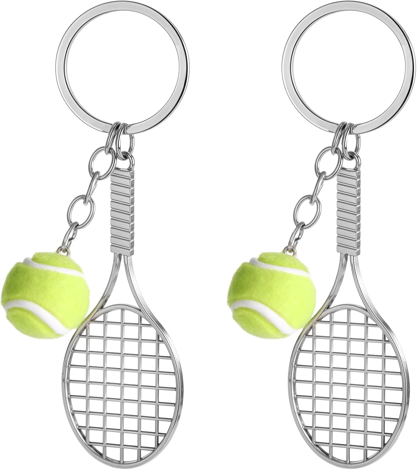 2PCS Tennis Racket Keychain, Mini Metal Tennis Keychains Tennis Gifts for Men Mini Tennis Racket with Ball Keychain Key Ring Fashionable Alloy Tennis Ball Split Ring Keychain for Sport Lovers Team