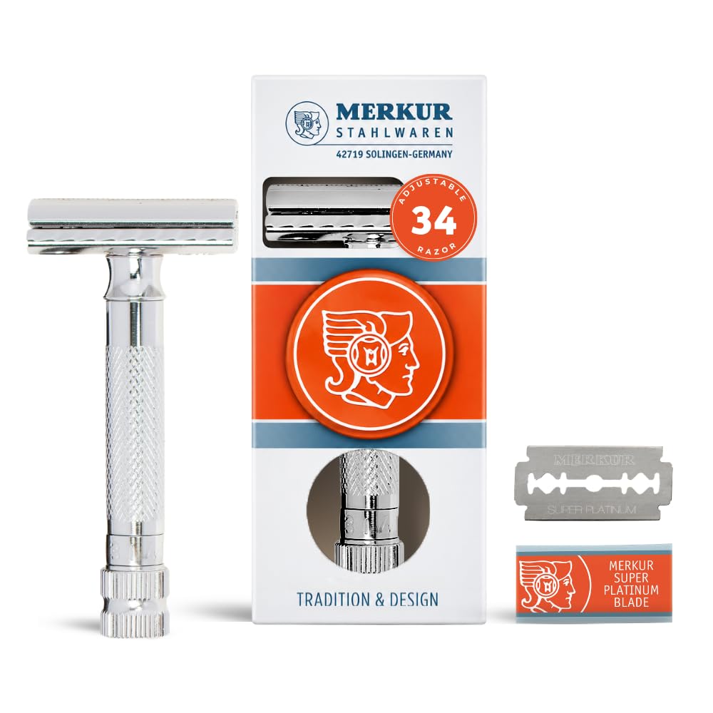 MERKUR 34 Adjustable 2-Piece Double-Edge Safety Razor for Men in Bright Chrome with Standard Handle and Closed Comb — Adjustable Blade Gap, Made in Germany