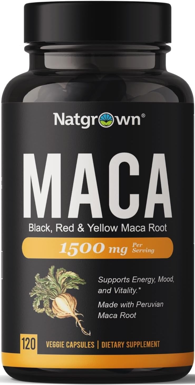 Natgrown Organic Maca Root Powder Capsules - Black, Red & Yellow - 120 ct