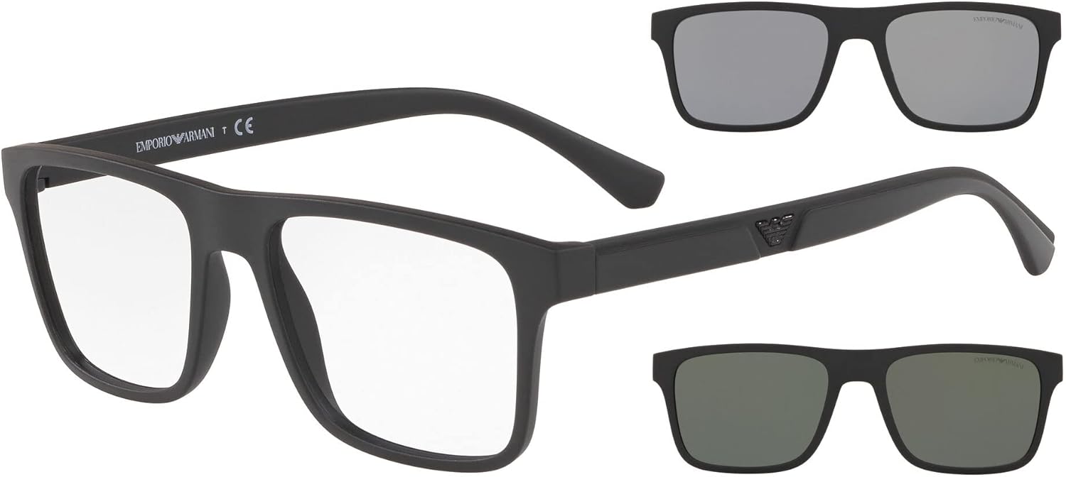 Emporio Armani Men's Ea4115 Prescription Eyewear Frames with Two Interchangeable Sun Clip-ons Rectangular