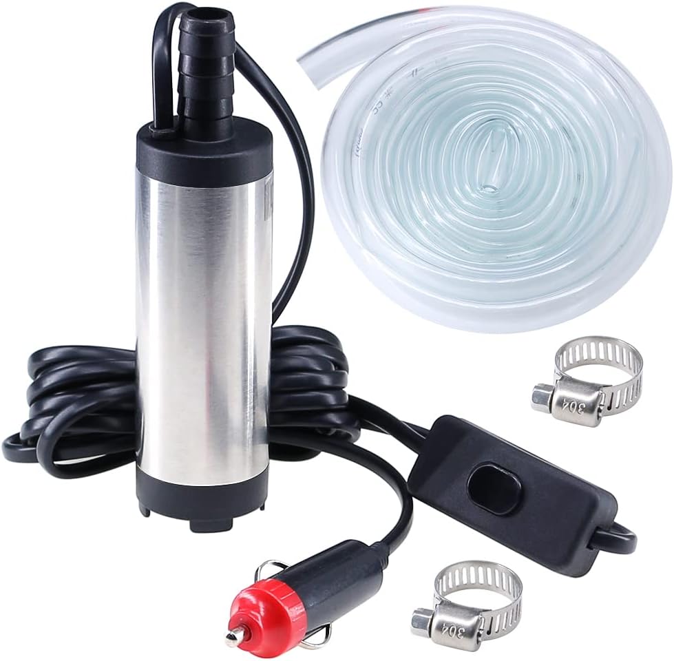 12v Submersible Water Fuel Transfer Pump for Diesel Petrol Oil, Small Bilge Pump for Boat Caravan Car Tank Motorhome, 38mm Barrel Electric 12 Volt 3m Power Cord Switch on Off, 3 Meter Hose