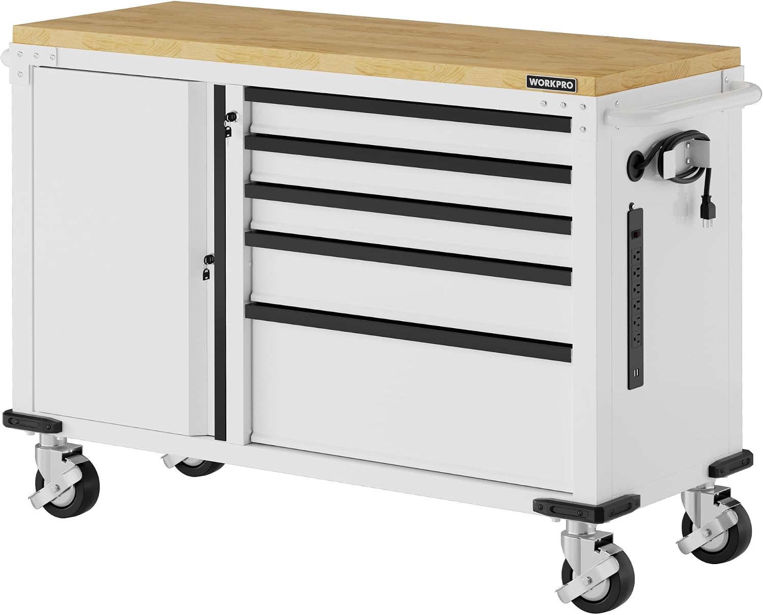 WORKPRO 52" x 20" Rolling Tool Chest, 5-Drawer & 1-Door | 1000 LBS Capacity Tool Cabinet with Wooden Workbench, Adjustable Shelves, Power Strip and Locking System for Garage Use