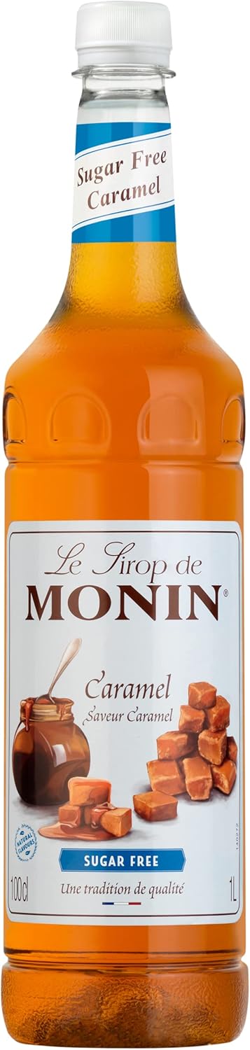 Monin Premium Caramel Sugar Free Syrup 1L For Coffee And Cocktails. Vegan-Friendly, Allergen-Free, 100 Percent Natural Flavours And Colourings. Sugar-Free Coffee Syrup