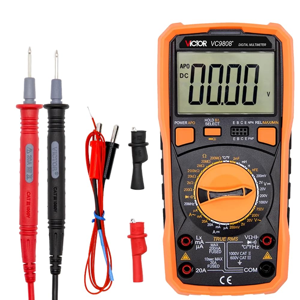 Victor VC9808+ Digital Multimeter 1999 Counts Volt Meter Measures DCV, ACV, DCA, ACA, Resistance, Capacitance, Diode and Triode (Victor VC9808+)