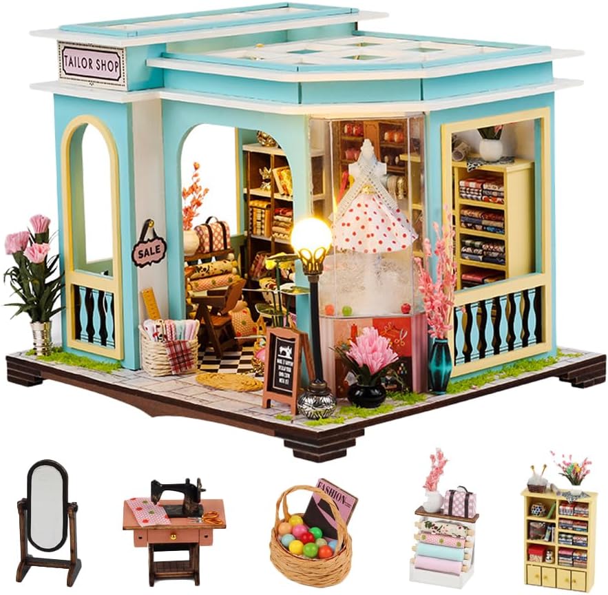 DIY Dollhouse Miniature Kit 1:24 Scale Model With Furniture LED Lights Wooden Puzzle Hands Craft for Adults Teens Kid Birthday Gifts (Tailor Shop)