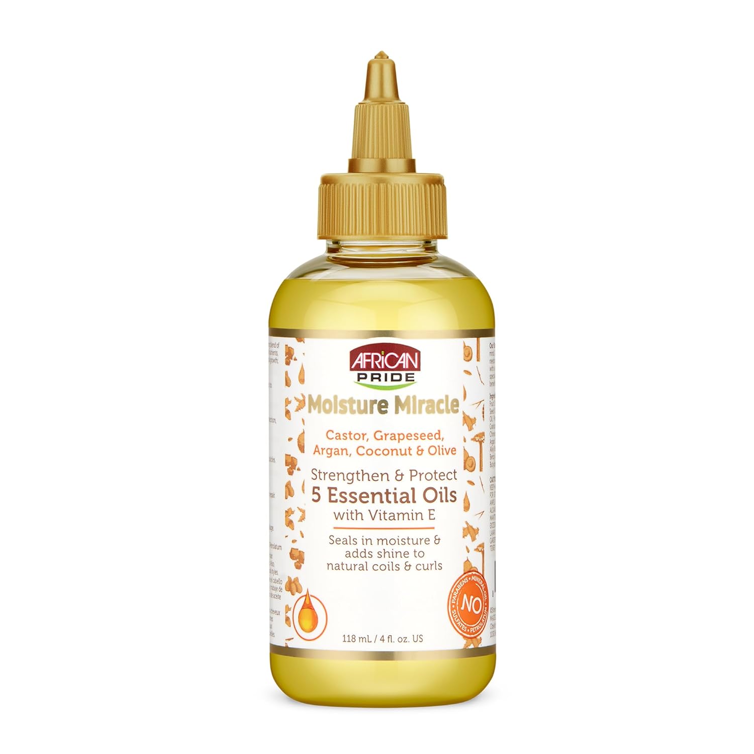 African Pride Moisture Miracle 5 Essential Hair Oils with Vitamin E | Moisture, Shine, Protection, and Growth | Argan, Castor, Grapeseed, Coconut, and Olive Oil | 4 oz