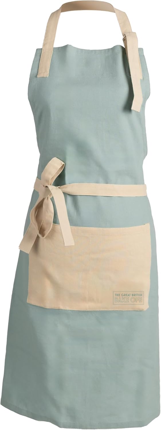 The Great British Bake Off Cotton Textiles Kitchen Set, Oven Gloves & Chef Apron, Heat Resistent Pot Holder Cooking Gloves, Official GBBO Logo, Duck Egg Blue, One Size