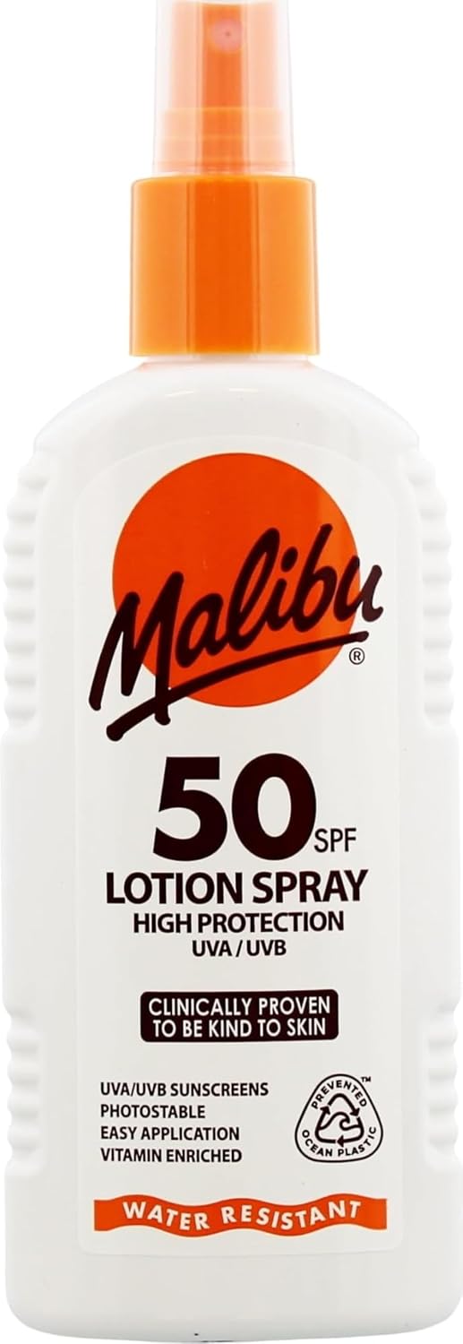 Malibu High Protection Water Resistant Vitamin Enriched SPF 50 Sun-Screen Lotion Spray with Shea Butter Extract, 200ml