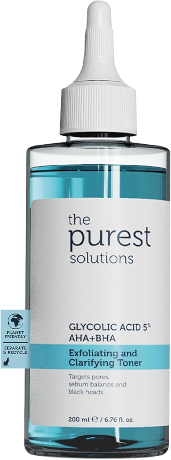 The Purest Solutions Exfoliating and Clarifying Toner (Glycolic Acid 5% AHA + BHA) - for All Skin Types - Balance Sebum Secretion - Reduce Pores Appearance - Vegan | Cruelty Free (200 ml)