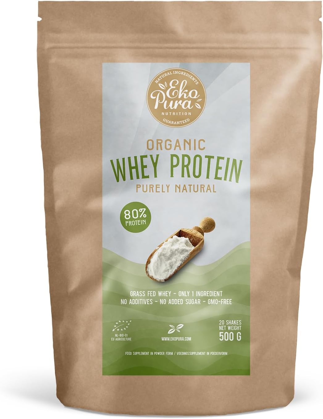 Ekopura Organic Whey Protein 500g | 80% Protein | Hormone Free, GMO-Free, Soy-Free, Additive Free, No Added Sugars | Promotes Muscle Growth, Recovery, Retention | Plain Flavored | Certified Organic