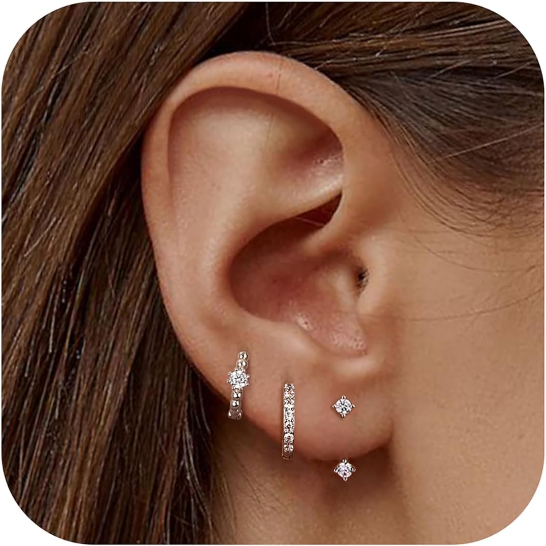 JeweBella 3 Pairs Sterling Silver Stud Hoop Earrings Set for Women 14K Gold Plated Earrings Stacks Dainty Small Stud Hoop Earrings Sets for Multiple Piercings