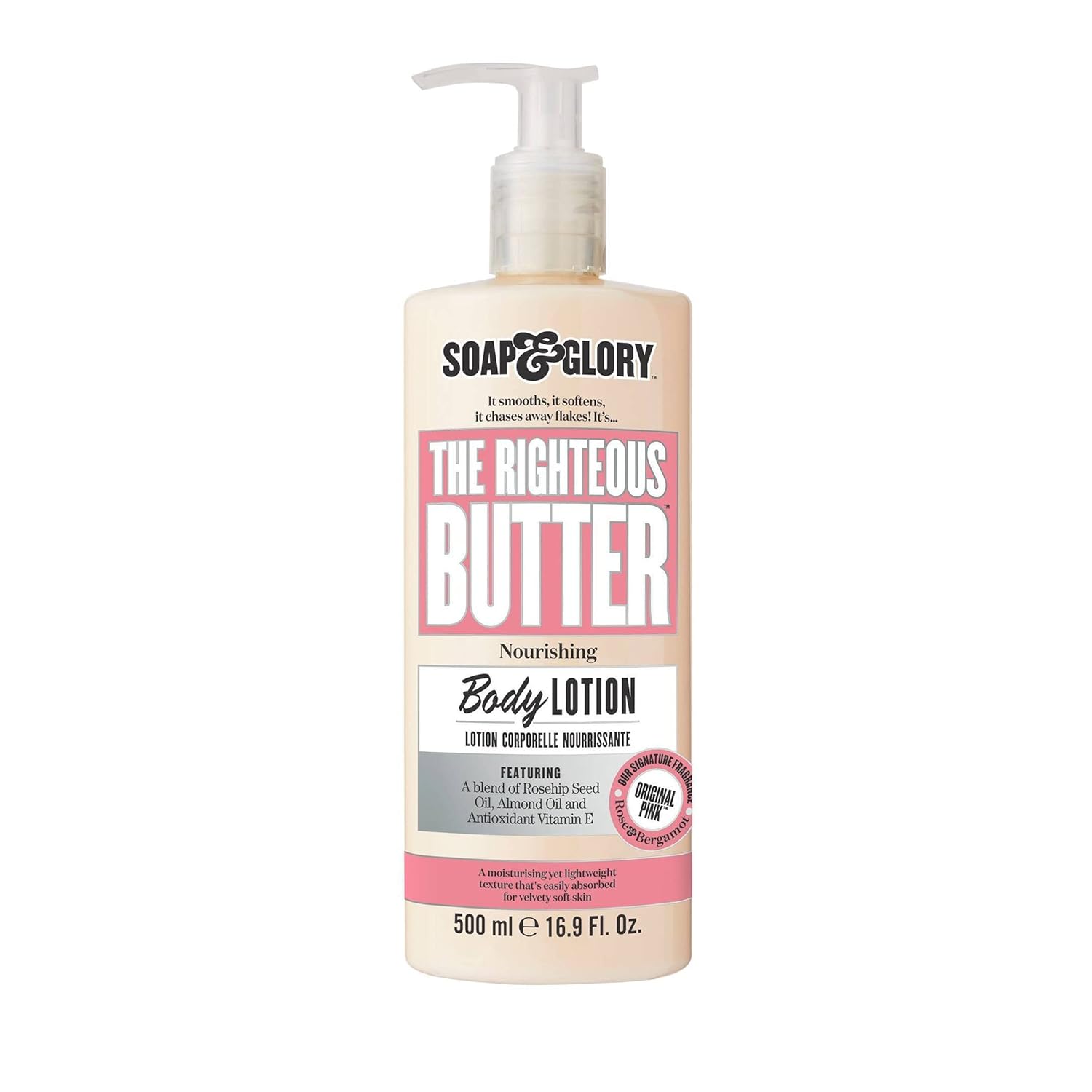 Soap & Glory Original Pink Moisturizing Body Lotion Pump - Lightweight Body Moisturizer for Dry Skin - With Shea Butter, Vitamin E & Aloe Vera for Soft, Hydrated Skin - Rose & Bergamot (16.9 fl oz)