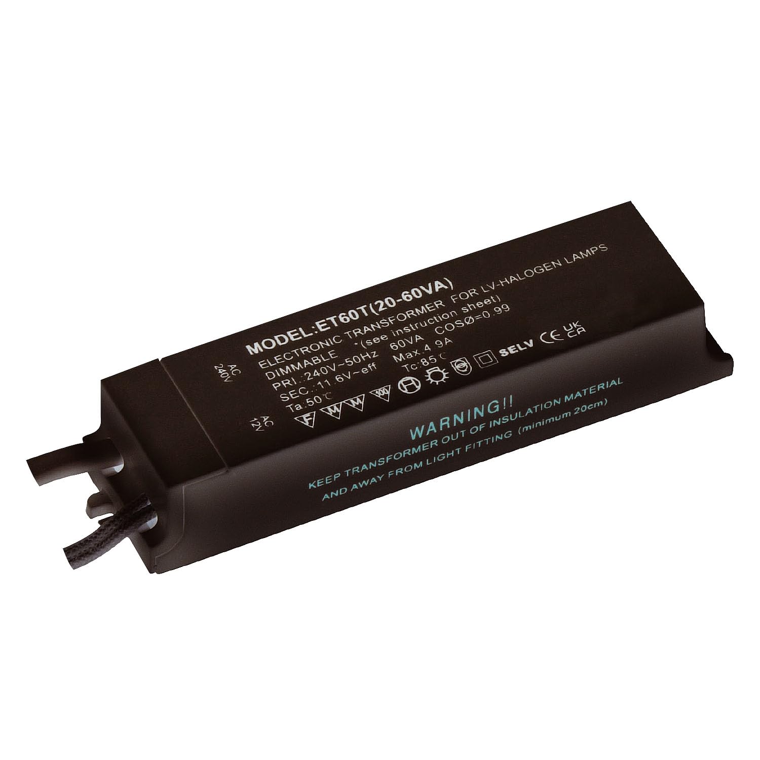 National Lighting 12V Transformer - Low Voltage 20W – 60W Rated Electronic Dimmable Transformer for Halogen Lights Lamps Bulbs IP20 Rated